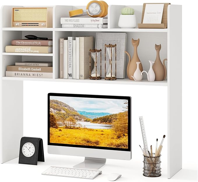 GOFLAME 6 Shelves Desktop Bookshelf, 37” Desk Hutch Dorm for Computer Monitor Up to 32”, 3-Tier Countertop Display Rack, Wood Desk Storage Organizer Shelf for Home Office, Study, White