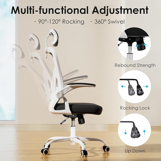 Farini Ergonomic Office Chair, Home Office Desk Chair with Headrest, High Back Swivel Computer Chair with Armrests and Adjustable Lumbar Support for Home Office Study Room, White & Black