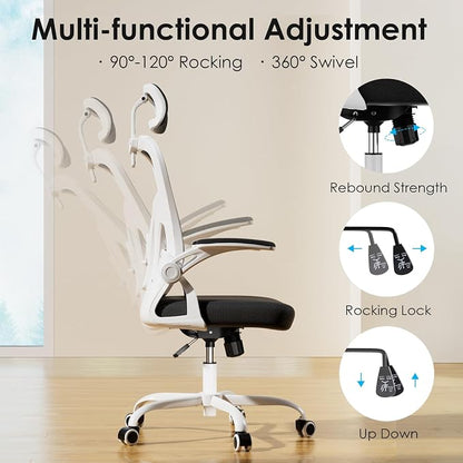 Farini Ergonomic Office Chair, Home Office Desk Chair with Headrest, High Back Swivel Computer Chair with Armrests and Adjustable Lumbar Support for Home Office Study Room, White & Black