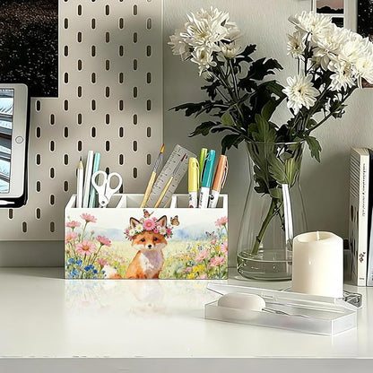 Fox Pen Pencil Holder for Desk Accessories, Fox Gifts for Women, Animal Lovers Gifts, Rustic Butterfly Flower Wild Animal Wooden Box Sign Decorations for Kids Room Home Office Desk Tabletop