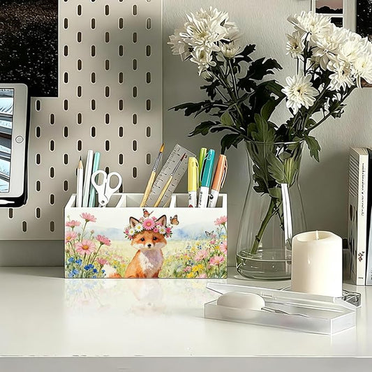 Fox Pen Pencil Holder for Desk Accessories, Fox Gifts for Women, Animal Lovers Gifts, Rustic Butterfly Flower Wild Animal Wooden Box Sign Decorations for Kids Room Home Office Desk Tabletop