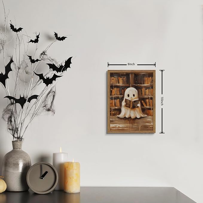Framed Vintage Library Ghost Wall Art - Halloween Picture Decor, Cute Ghost Reading Books Canvas Print, Halloween Wall Decor for Living Room Bedroom Home Office, 8x10in Wood Frame