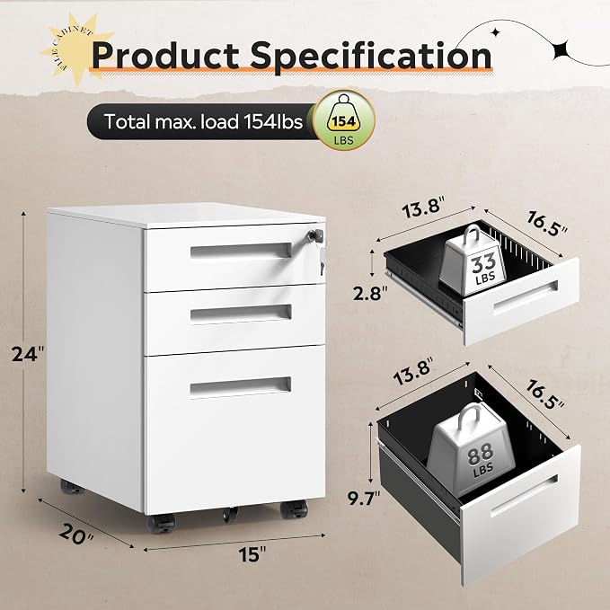 DEVAISE 3 Drawer File Cabinet with Lock, Under Desk Metal Filing Cabinet with Wheels for Home Office, Fits Letter/Legal/A4 Size, Fully Assembled Except Casters, White