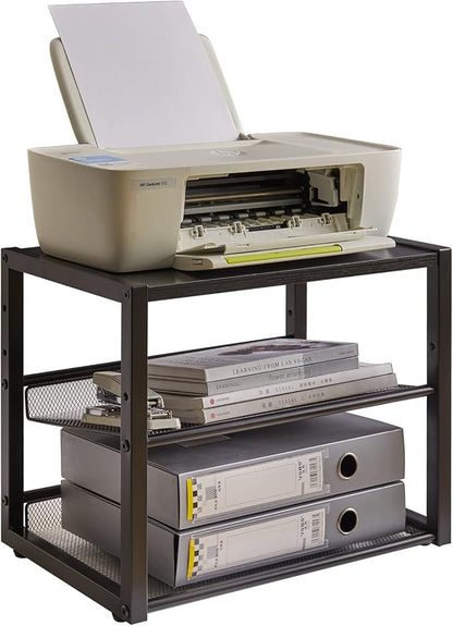 YMYNY Desktop Printer Stand, 3 Tiers Desk Organizer with Adjustable Storage Shelves, Multi-Purpose Printer Shelf for Home Office, Fax Machine, Scanner, Files, Books, Black, UHPT001B