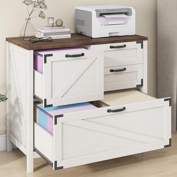 Befrases Farmhouse File Cabinet, Lateral Filing Cabinet with 4 Drawers for Letter/A4 Size Hanging Files, Large Wooden Printer Stand File Storage Cabinet for Home Office, Rustic White