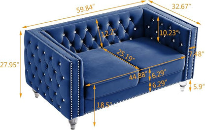 mikibama Velvet Loveseat with Buttons and Square Arms 59 Inch Tufted Sofa with Trimmed Nailhead and Acrylic Legs Loveseat Couch for Living Room,Bedroom (Navy Blue-Crystal Legs, Loveseat)