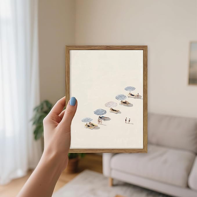 Minimalist Beach Wall Art - Framed Canvas Coastal Umbrella Poster for Bedroom, Bathroom & Living Room Decor, Modern Summer Seaside Painting in Wood Frame, Neutral Decor 8x10 inch