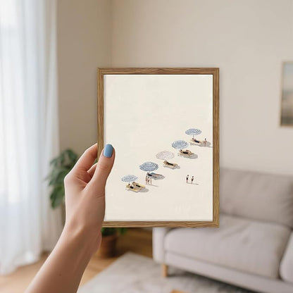 Minimalist Beach Wall Art - Framed Canvas Coastal Umbrella Poster for Bedroom, Bathroom & Living Room Decor, Modern Summer Seaside Painting in Wood Frame, Neutral Decor 8x10 inch