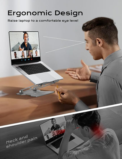JCZT Adjustable Laptop Stand for Desk, Metal Foldable Laptop Riser, Portable Laptop Holder Mount, Ventilated Cooling Computer Notebook Stand for MacBook Air Pro, All 10-16'' Notebooks Laptops Grey