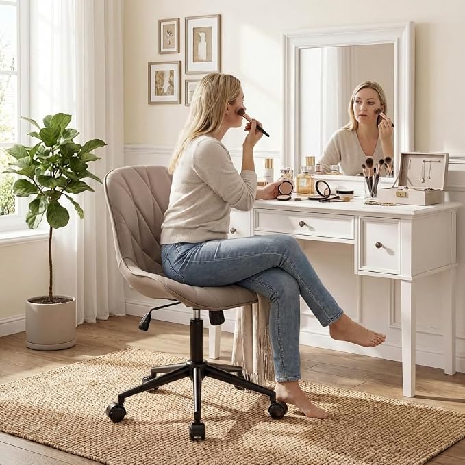 Rowill Modern Office Chair - Ergonomic Swivel Leather Desk Chair with Curved Backrest, Height Adjustable Rolling with Wheels, Perfect for Study Room & Office, Khaki