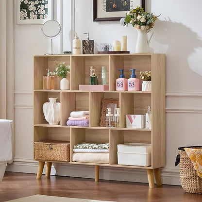 LEYAOYAO 10 Cube Bookshelf,3 Tier Modern Wide Bookcase with Legs,Mid-Century Wood Bookshelves Storage,Light Wood Large Book Case,Freestanding Organizer Display Shelf for Bedroom,Living Room,Office