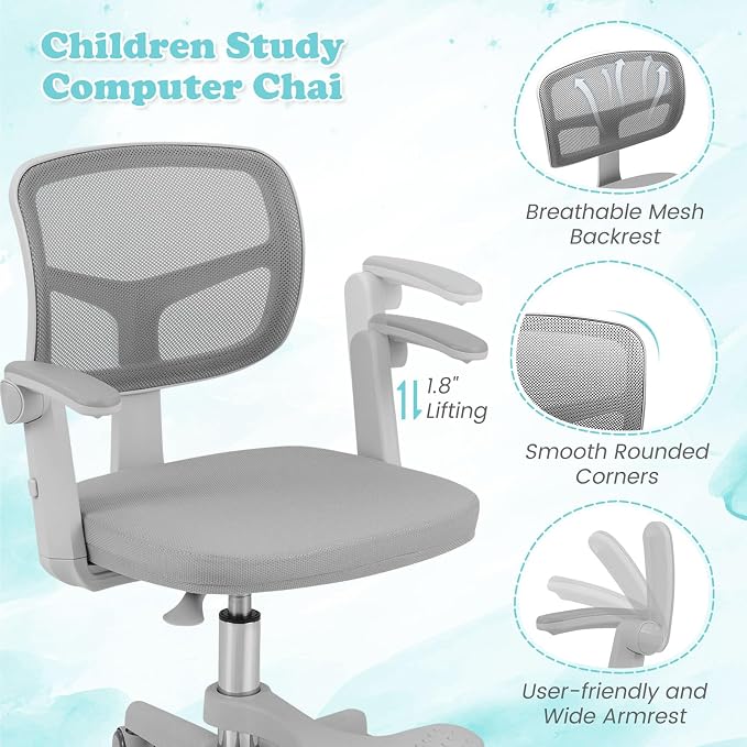Giantex Kids Desk Chair, Ergonomic Adjustable Student Rolling Chair with Footrest & Flip-up Armrest, Mesh Children Office Chair with Universal Wheels, Kids Computer Chair for Boys & Girls, Grey