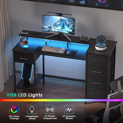 Korfile 55 Inch Computer Gaming Desk with Power Outlets LED Lights Reversible Home Office with Adjustable Fabric Storage Drawers for Working Writing Study, Black