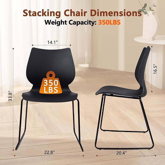 KLASIKA Stackable Waiting Room Chair, Stacking Office Chair with Ergonomic Lumbar Support and Metal Legs, Plastic Desk Chairs for Conference School Church Guest Reception Set of 8, Black