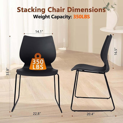 KLASIKA Stackable Waiting Room Chair, Stacking Office Chair with Ergonomic Lumbar Support and Metal Legs, Plastic Desk Chairs for Conference School Church Guest Reception Set of 8, Black
