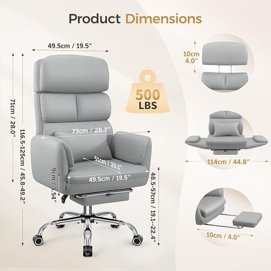 Big and Tall Office Chair 500LBS, Ergonomic High Back Leather Executive Chair, Reclining Swivel with Adjustable Armrests Lumbar Support Footrest, Cross Legged, Light Gray