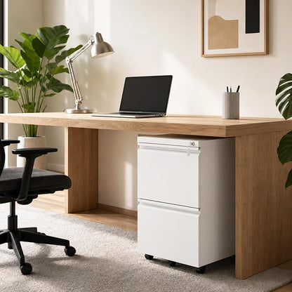 SAWJEC 2 Drawer Mobile File Cabinet with Lock, Fully Assembled Rolling Metal Filing Cabinet for Home Office, Vertical Locking File Cabinet with Wheels, Fits Letter/Legal/A4, White, 17"D x 15"W x 26"H