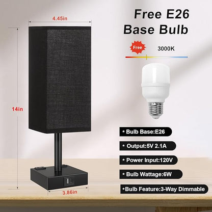 Touch Bedside Table Lamp for Nightstand - 3-Way Dimmable Night Lamp with USB A + Type C Charging Ports and Two AC Outlets, Small Desk Light with E26 LED Bulb for Bedroom Living Room Dorm Office,Black