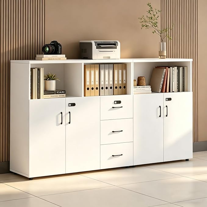File Cabinet with Password Lock, Wood Lateral Filing Cabinet for Letter/A4 Files, 3 Drawer with Door, Printer Stand with Open Shelves for Home Office