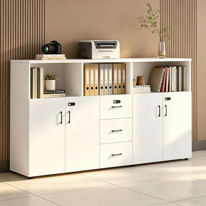 File Cabinet with Password Lock, Wood Lateral Filing Cabinet for Letter/A4 Files, 3 Drawer with Door, Printer Stand with Open Shelves for Home Office