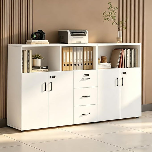 File Cabinet with Password Lock, Wood Lateral Filing Cabinet for Letter/A4 Files, 3 Drawer with Door, Printer Stand with Open Shelves for Home Office