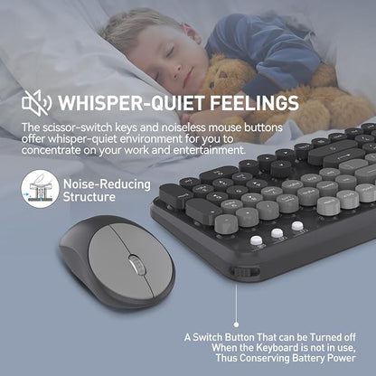 Wireless Keyboard and Mouse Combo, Retro Typewriter Style Round Keys, 2.4G Wireless Black and Grey Keyboard with Clicky Bubble Keys for PC Laptop and Desktop