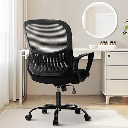 Sweetcrispy Home Office Managerial Executive Chair with Ergonomic Design, Mid-Back Mesh 360° Swivel, Comfortable Lumbar Support, Comfy Arms for Bedroom,Study,Student, Black