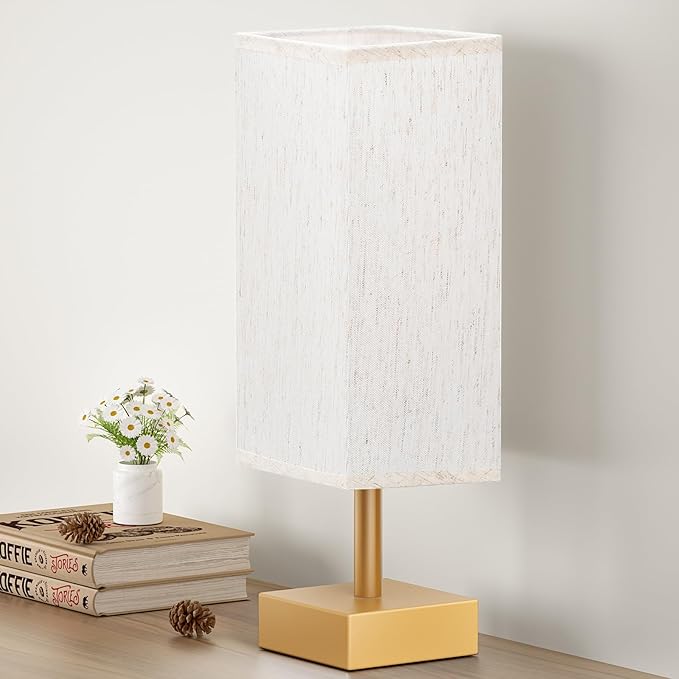 aooshine Gold Small Table Lamp - Bedside Lamp for Bedroom, Minimalist Nightstand Lamp with Square Fabric Shade, Desk Lamp for Kids Room Dorm