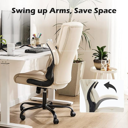 DUMOS PU Leather Office Chair - Ergonomic Executive Computer Desk Chairs with Adjustable Flip-up Armrest, Swivel Task Chair with Lumbar Support, Strong Metal Base, Cream White