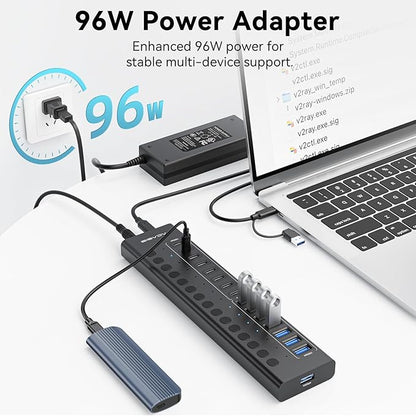 Powered USB 3.2 Hub, ACASIS 16 Ports USB 3.2 Hub(8 USB-A 3.2 Ports+8 USB-C 3.2 Ports), Aluminum USB Hub Powered with 96W Power Adapter, USB Hub for PC/Laptop, Computer, Flash Drive, Printer, Camera