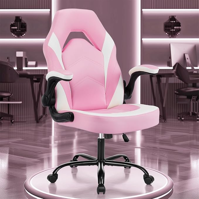 Sweetcrispy Computer Video Game Desk Chair - Ergonomic Comfy Lumbar Support, PU Leather with Flip-up Armrest, Height Adjustable and 360°Swivel, for Adults, White Pink