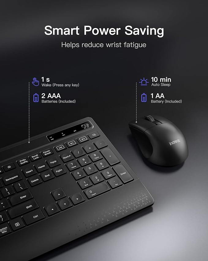 Inateck Wireless Keyboard and Mouse Combo, Full-Size Keyboard with Wrist Rest, Phone Holder, 2.4 GHz Wireless/Bluetooth Silent, Compatible with Computer, Laptop, PC, Mac, Windows