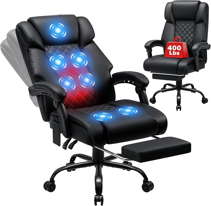 HOFFREE Heated Office Chair Massage Desk Chair with Heat 400lbs Executive Reclining Home Desk Chair with Footrest,Linkage Armrests for Heavy People(Black)