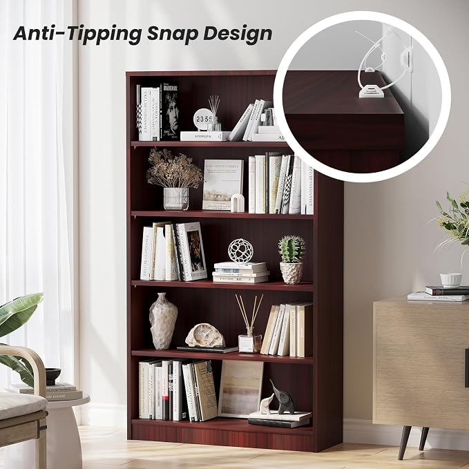 Farini 60 Inch Tall Bookcase,5 Shelf Bookshelves,Adjustable Bookshelf for Home Office,Mahogany