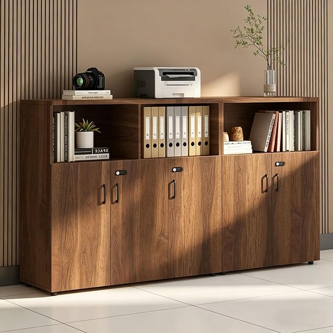 File Cabinet with Password Lock, Wood Lateral Filing Cabinet for Letter/A4 Files, 3 Drawer with Door, Printer Stand with Open Shelves for Home Office