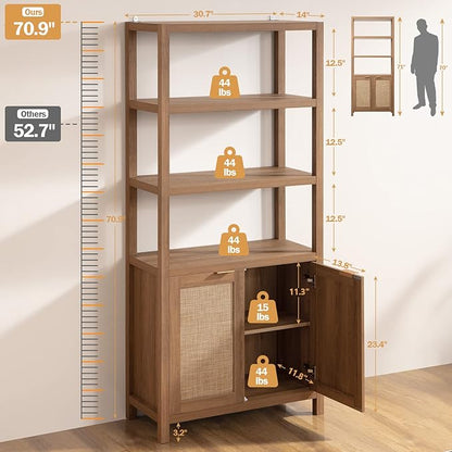 SICOTAS Bookshelf 5 Tier Book Shelf Rattan Boho 71" Tall Bookcase with Doors Storage Shelves Large Bookshelves Farmhouse Bookcases Library Book Case for Living Room Bedroom Home Office Kitchen | Book Shelf