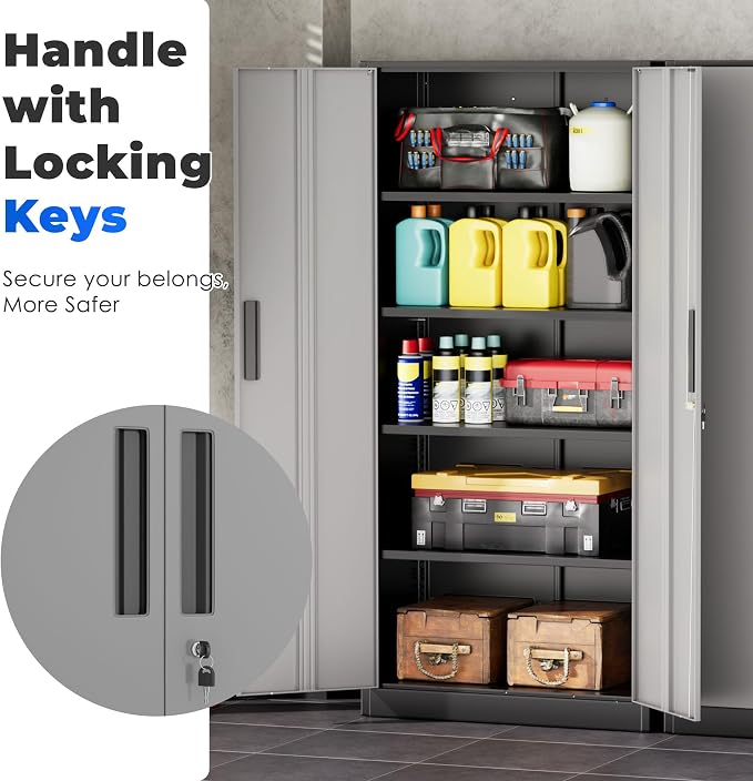 INTERGREAT Storage Cabinet with Doors and Shelves, Metal Garage Storage Cabinets with Lock, Lockable Steel Supply Cabinet for Home Office, Warehouse (Black Grey)