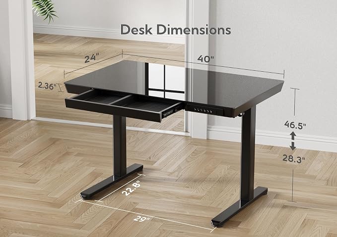 Claiks Glass Standing Desk with Drawers, 40 Inch Adjustable Stand Up Desk, Quick Install Home Office Computer Desk with USB Ports, Black