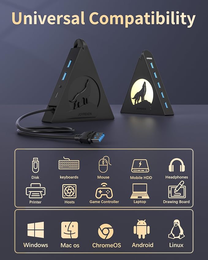 7-Port USB 3.0 Hub, Vertical USB Hub Splitter with RGB Lighting,5Gbps High-Speed Data Transfer and 2FT Extension Cable, Compatible with PC, MacBook, Laptop, PS5, Xbox, Flash Drive, Printer