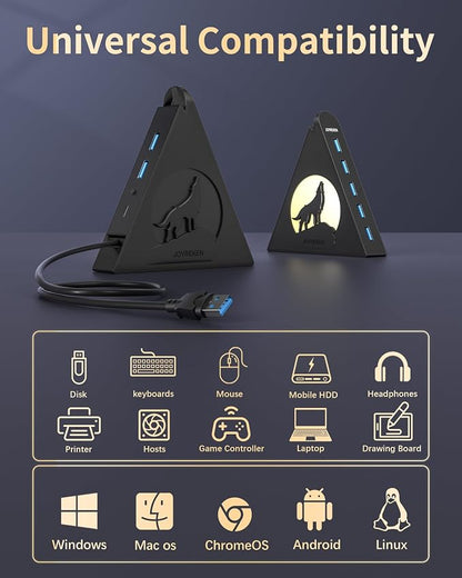 7-Port USB 3.0 Hub, Vertical USB Hub Splitter with RGB Lighting,5Gbps High-Speed Data Transfer and 2FT Extension Cable, Compatible with PC, MacBook, Laptop, PS5, Xbox, Flash Drive, Printer