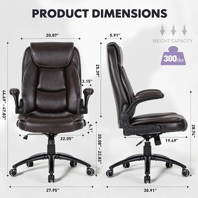 400lbs Capacity Executive Desk Chair with Ergonomic Lumbar Support, Flip-up Arms & High Back Leather Computer Chair for Home/Office, Brown