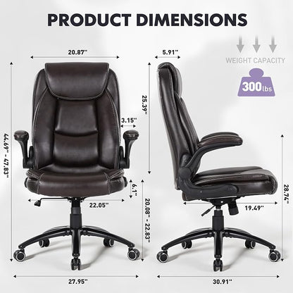 400lbs Capacity Executive Desk Chair with Ergonomic Lumbar Support, Flip-up Arms & High Back Leather Computer Chair for Home/Office, Brown