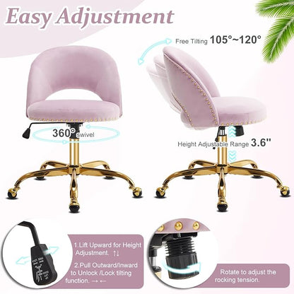 VINGLI Modern Velvet Small Office Chair,Cute Desk Chair With Wheels,Gold Base/Studs,Comfy Armless Swivel Vanity Task Chair For Women/Girl/Kids,Nail Tech Chair For Office,Small Space,Mauve Light Purple