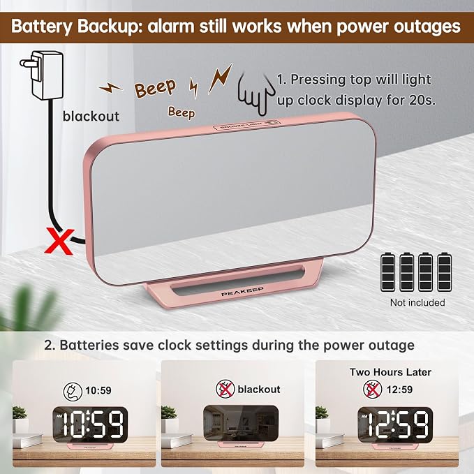 Peakeep Slim Digital Mirror Aesthetic Alarm Clock for Bedroom Living Decor, Plug in Electric Clock Big LED Modern Small Table Clock for Office Desk, Battery Backup, 6 Dimmers (Rose Gold)