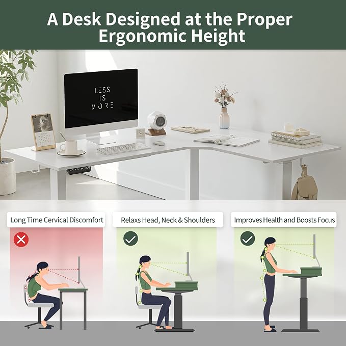 FEZIBO 75 Inches, Supports Over 300lbs, Large L Shaped Standing Desk, Electric Height Adjustable L Shaped Desk, Suitable for Home Office, White Frame/White Top