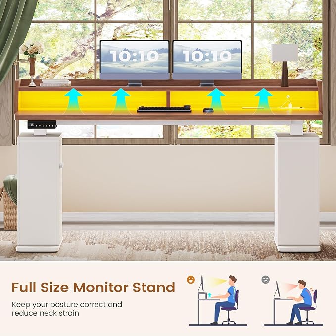 SEDETA Standing Desk with Storage, 55" Fluted Stand Up Desk with Power Outlets & LED Lights, Height Adjustable Table with Monitor Shelf for Home Office, Gaming, Brown + White