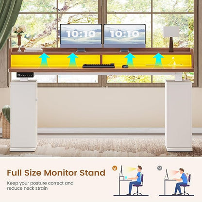 SEDETA Standing Desk with Storage, 55" Fluted Stand Up Desk with Power Outlets & LED Lights, Height Adjustable Table with Monitor Shelf for Home Office, Gaming, Brown + White