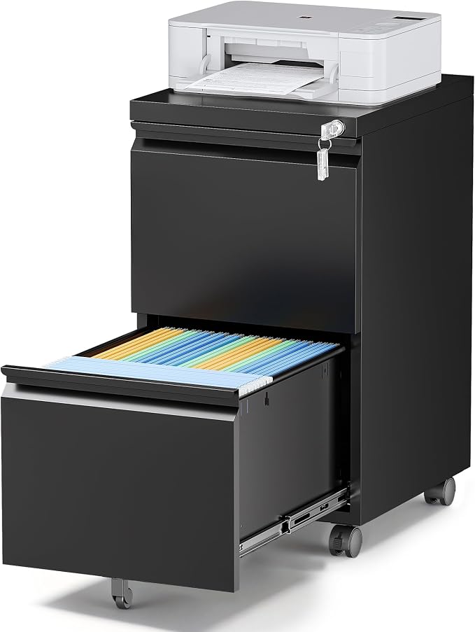 2 Drawer Locking Under Desk Metal Storage Cabinet on Wheels for Legal/Letter/A4 Files (Fully Assembled, Black)