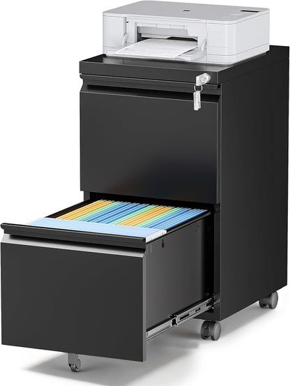 2 Drawer Locking Under Desk Metal Storage Cabinet on Wheels for Legal/Letter/A4 Files (Fully Assembled, Black)