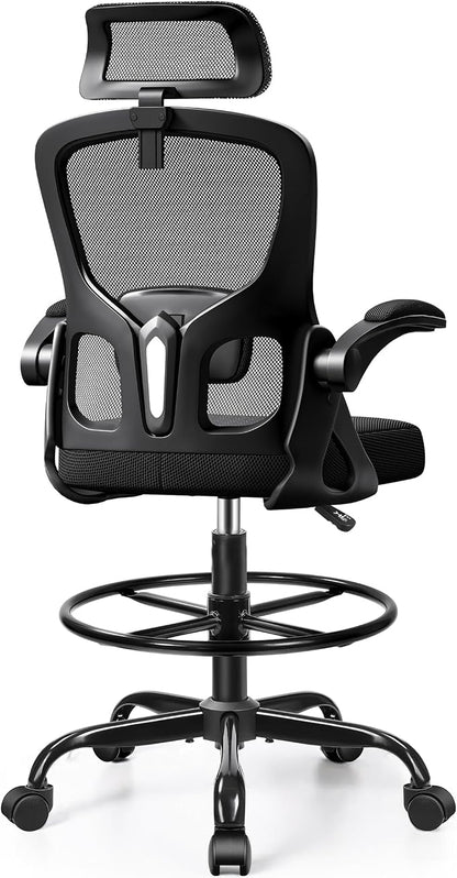Drafting Chair, Tall Office Chair for Standing Desk, Ergonomic High Back with Headrest, Lumbar Support, Foot Ring and Flip-up Armrests, Black